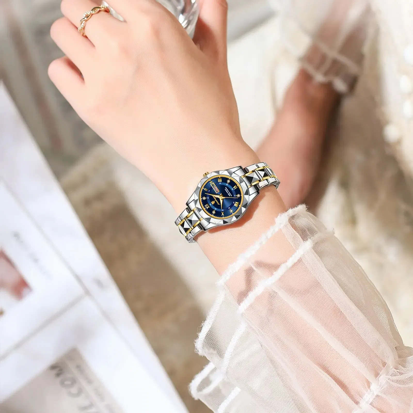 Color: Gold - POEDAGAR Luxury Ladies Dress Watch Luminous Waterproof Week Date Woman Wristwatch Stainless Steel Women Quartz Watches reloj+box