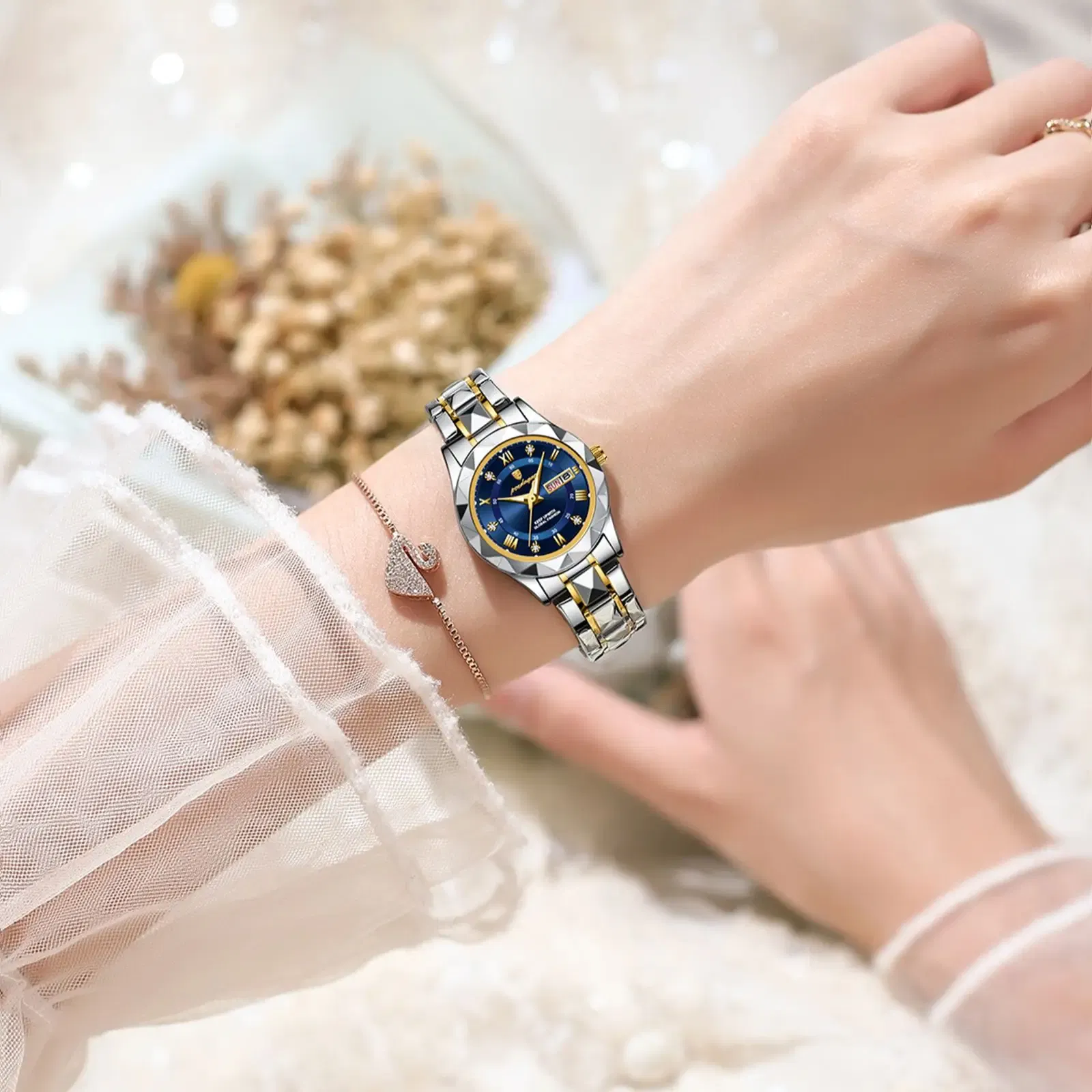 Color: Gold - POEDAGAR Luxury Ladies Dress Watch Luminous Waterproof Week Date Woman Wristwatch Stainless Steel Women Quartz Watches reloj+box