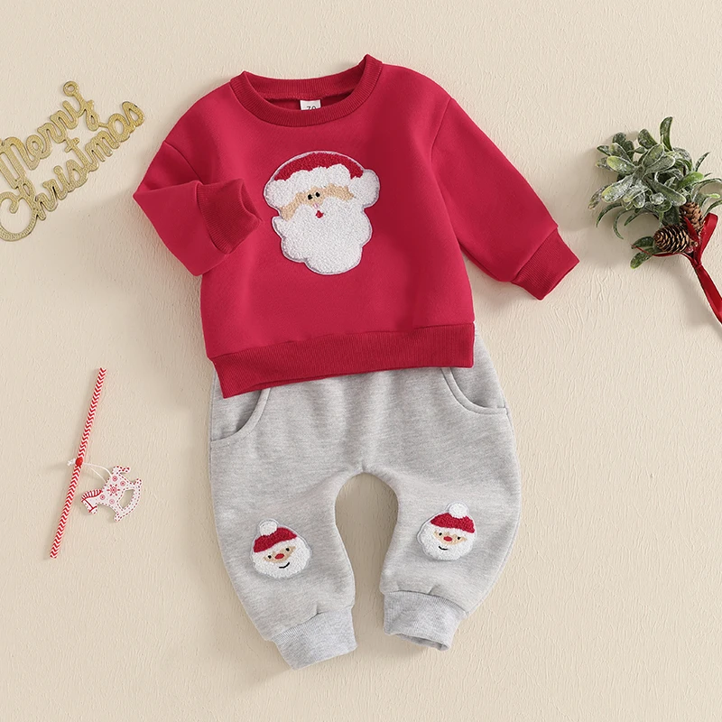 Color: Red, Kid Size: 24M, Ships From: CHINA - 2024-09-12 Lioraitiin Toddler Baby Boys Christmas Outfits Long Sleeve Santa Embroidery Sweatshirt and Pocket Pants Clothes Set