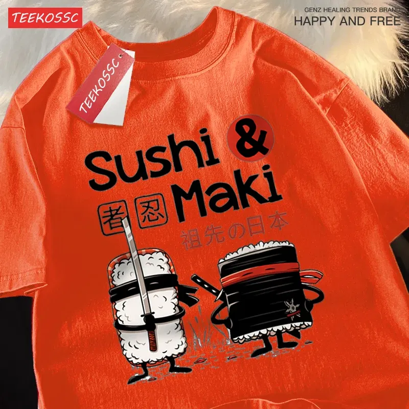 Color: Dark Grey, Size: XL - Theduc Sushi And Sushi Printing Men Women Tshirt Cotton T-Shirts Loose T Shirt Crewneck Loose Tops Fashion Clothes Unisex