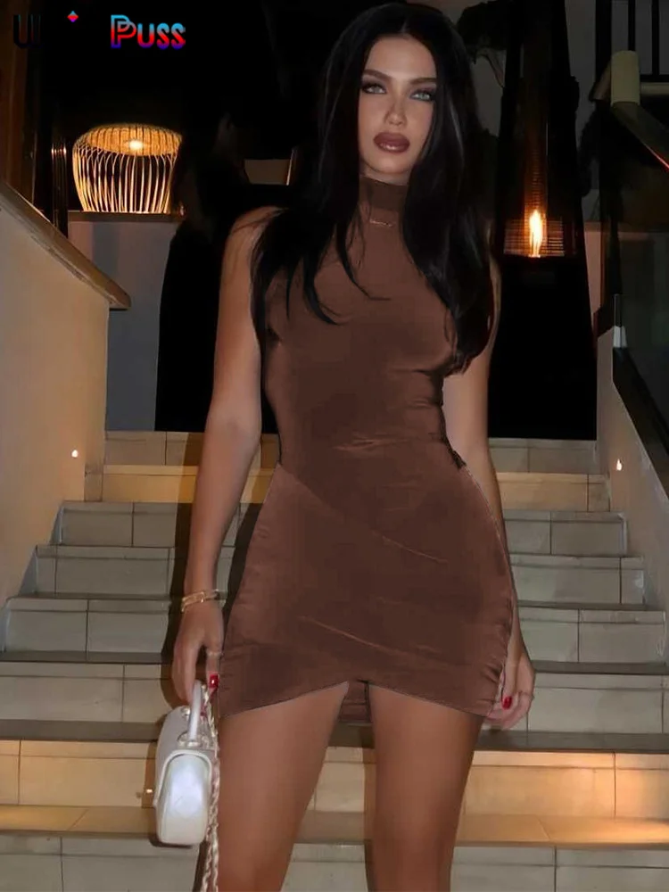 Color: Coffee, Size: S - Weird Puss Cross Ruffles Mini Dress Woman Summer Sexy Solid Half High Collar Sleeveless Trend Chic Party Clubwear Skinny Bodycon
