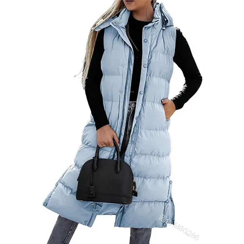 Color: SKY BLUE, Size: S - Hooded Zipper Jacket Women Oversize Waistcoat Winter Outerwear Hooded Parka Fashion Quilted Vest Casual