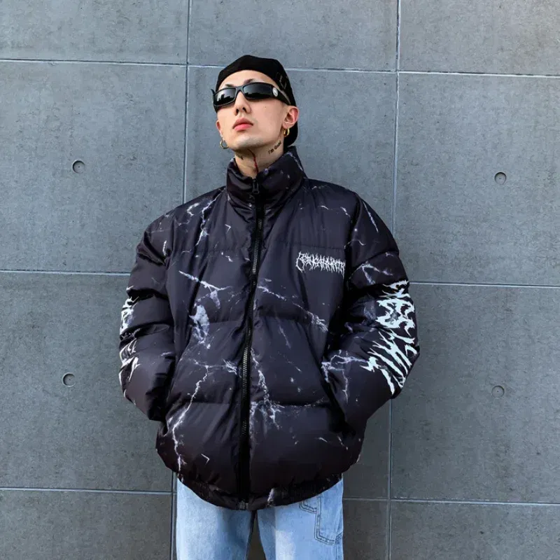 Color: black, Size: XL - Winter Down Jacket Coat Men Cartoon Bear Print Parka Fashion Streetwear Casual Loose Thick Warm Padded Oversized Jackets Outwear