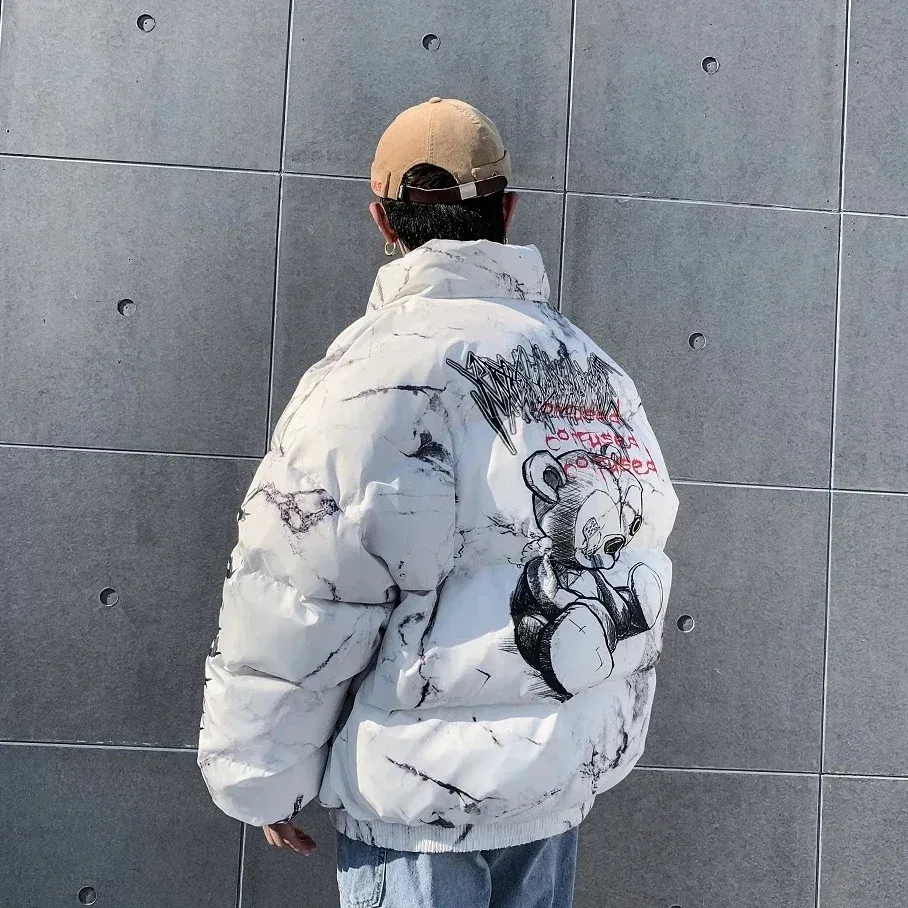 Color: black, Size: XL - Winter Down Jacket Coat Men Cartoon Bear Print Parka Fashion Streetwear Casual Loose Thick Warm Padded Oversized Jackets Outwear