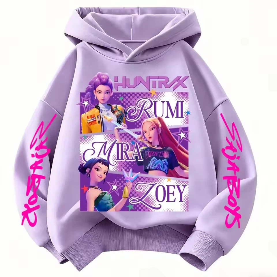 Color: black, Kid Size: 6 - Cartoon Hoodie for Boys and Girls KPop Demon Hunter Rumi Derpy Warm and Thick, Fashionable Casual Top, Printed Purple Sweatshirt