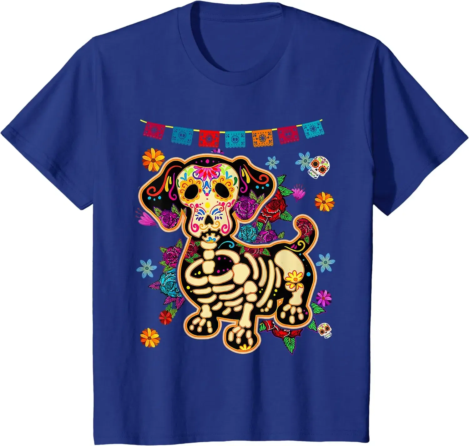Color: Brown, Size: 6XL - Sugar Skull Mexican Dachshund Bone Halloween Day of Dead T-Shirt Casual Cotton Four Seasons Graphic T Shirts Funny T Shirts