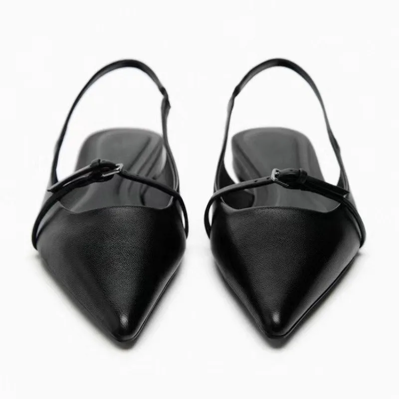 Color: black, Shoe Size: 36 - New Women Sandal Fashion Pointed Toe Shallow Mouth Non-slip Ladies Elegant Slingback Shoes Flat Sandals