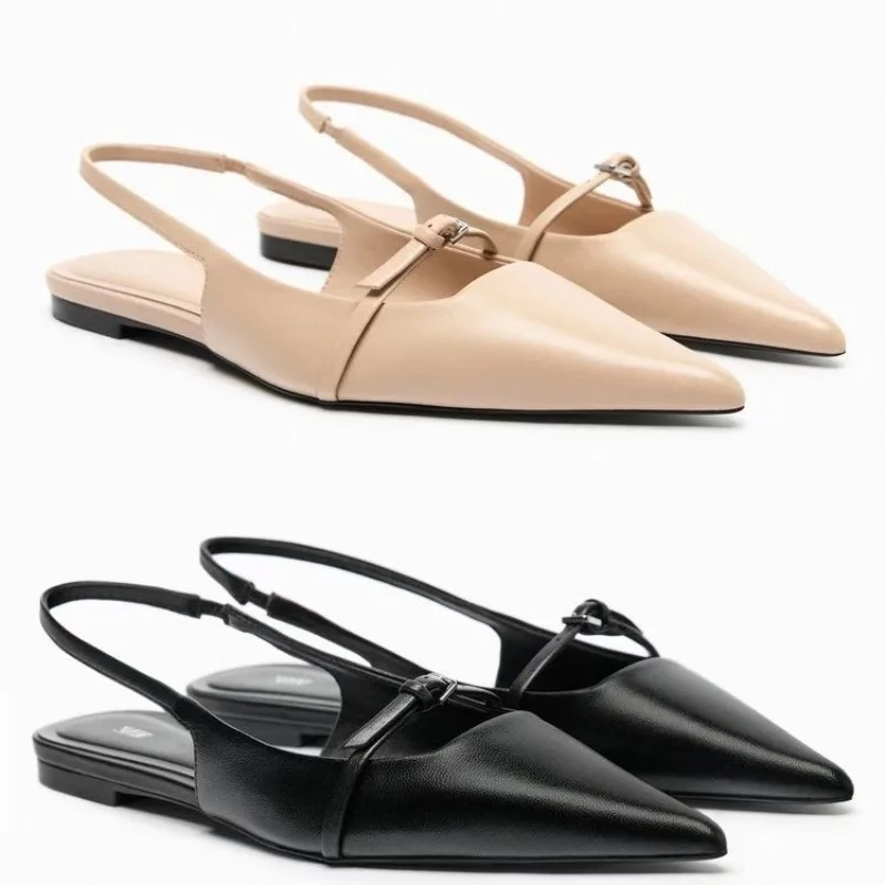 Color: black, Shoe Size: 36 - New Women Sandal Fashion Pointed Toe Shallow Mouth Non-slip Ladies Elegant Slingback Shoes Flat Sandals