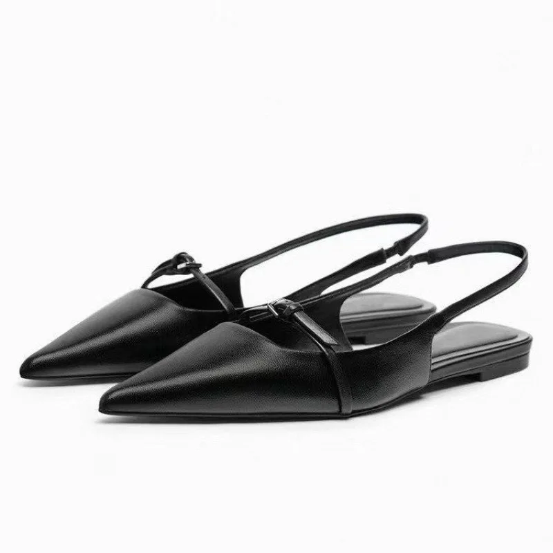 Color: black, Shoe Size: 36 - New Women Sandal Fashion Pointed Toe Shallow Mouth Non-slip Ladies Elegant Slingback Shoes Flat Sandals