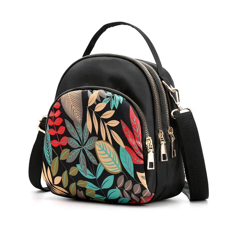 Color: Dark Khaki, Size: 16 inches - Fashion Printing Backpack Women Large Capacity Nylon Rucksack Multilayer Crossbody Bag School Bags Waterproof Travel Knapsack