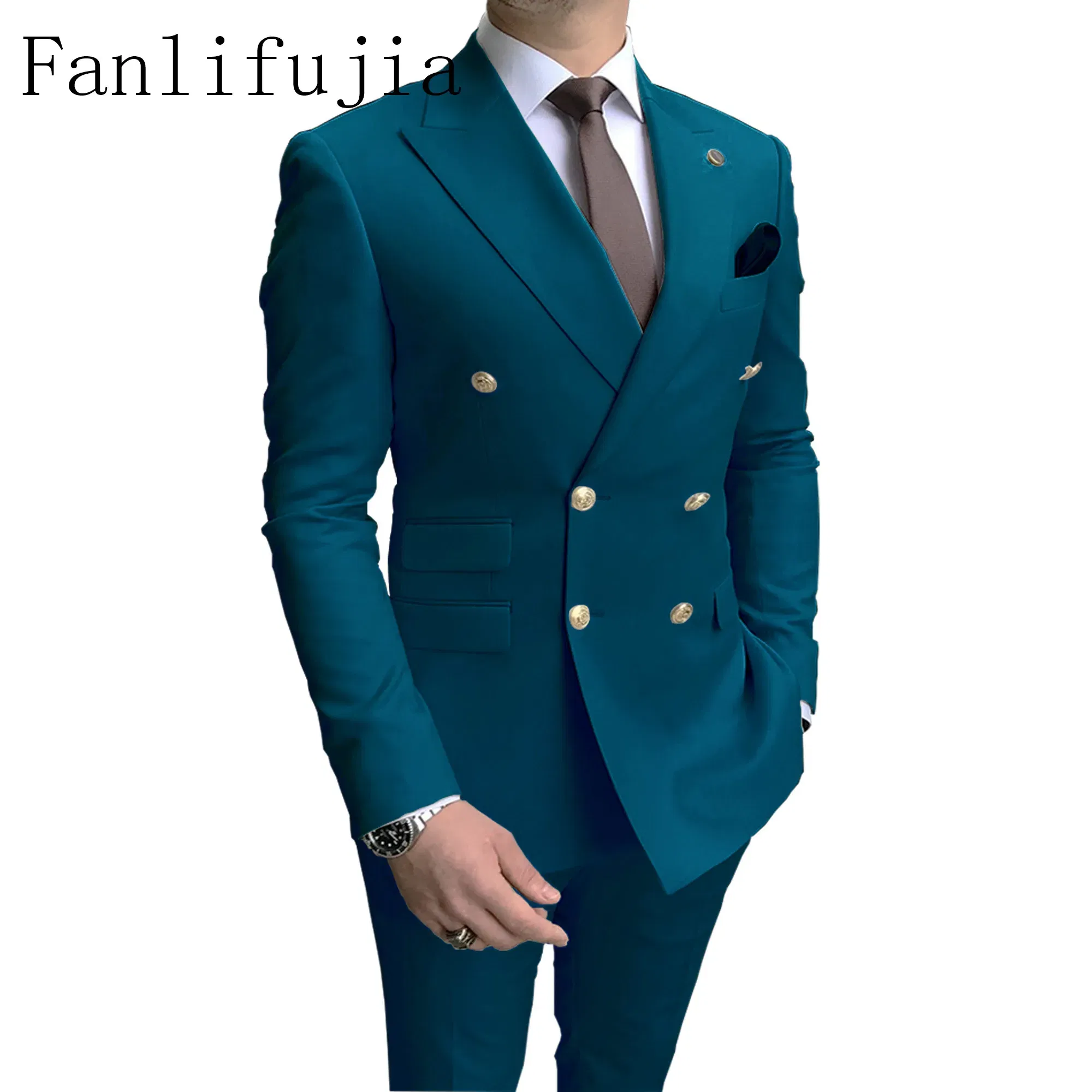 Color: MULTI, Size: XL - Fanlifujia Store 2024 Casual Sky Blue Men Suits Double Brested Peak Lapel  Gold Button Groom Wedding Tuxedos Best Costume Homme
