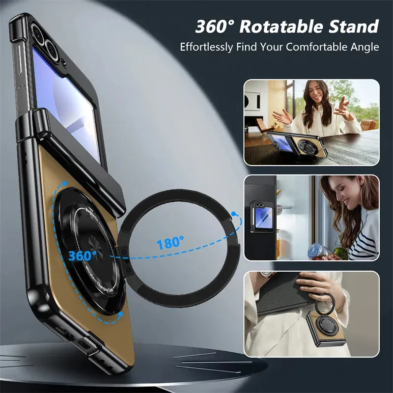Color: SKY BLUE, Material: CANVAS - 360?° Magnetic Rotate Holder Ring Phone Case For Samsung Galaxy Z Flip 6 5 4 Flip6 Flip5 Flip4 Flip3 Hard Shell Protection Cover