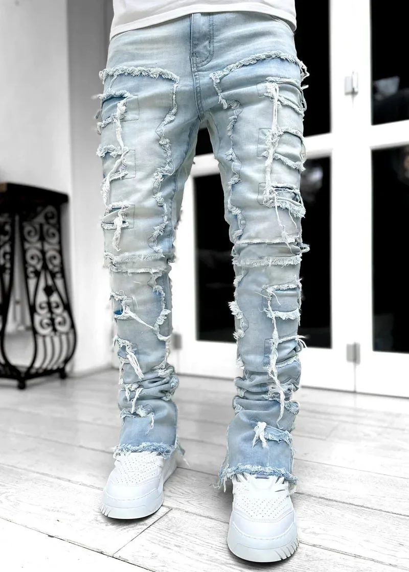 Color: army green, Size: XXL - Men's Regular Fit Stacked Jeans Ripped Slim Fit Patch Distressed Destroyed Straight Denim Pants Hip Hop Streetwear Trouser Cloth