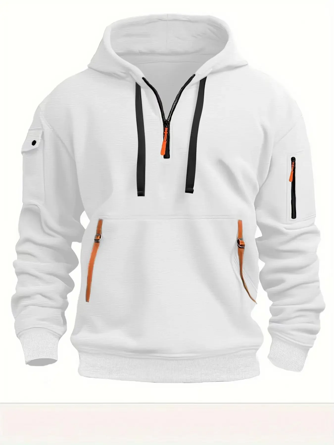 Color: WHITE, Size: XL, Sale by Pack: Pack of 1, Ships From: CHINA - New hoodie men zipper multi pocket hoodie Spring Winter Fleece Warm Sweatshirt Fashion Streetwear Sports Hoody Solid Pullover