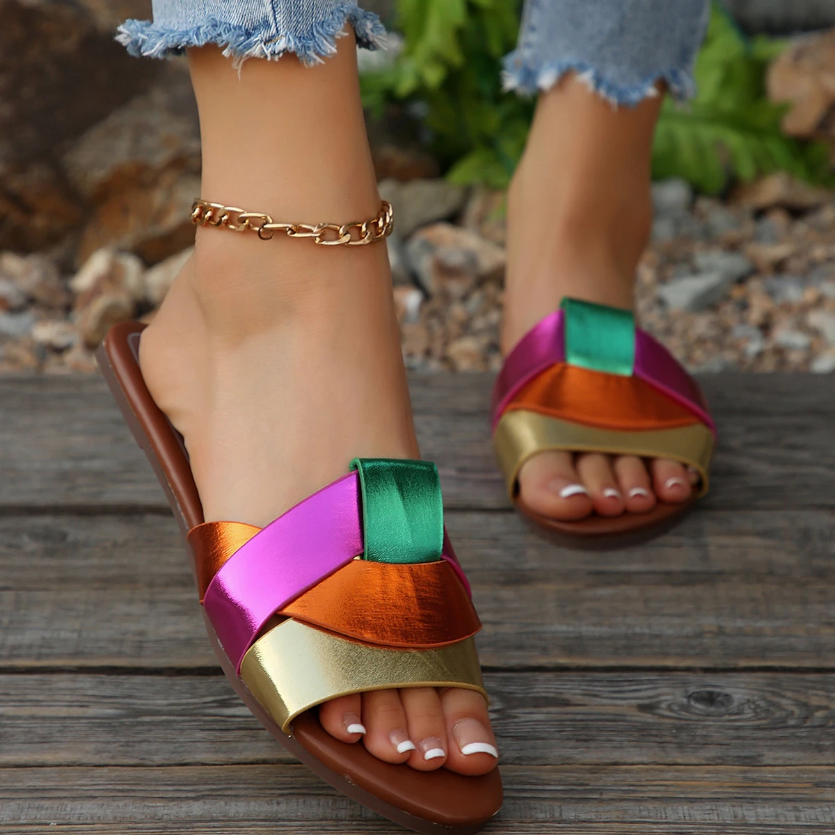 Color: MULTI, Shoe Size: 36 - New Fashion Slippers Women Sexy Flat Sandals Casual Ladies Sand Beach Slippers Elegant Fish Mouth Slippers Women