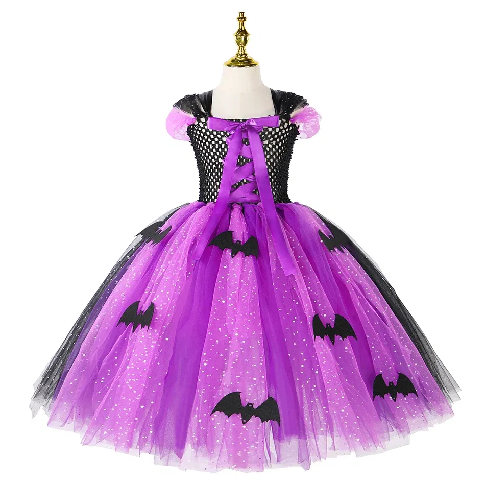 Color: Coffee, Kid Size: 9 - Halloween Witch Tutu Dress for Girls Handmade Mesh Bat Wizard Cosplay Costumes with Hat Broom Toddler Evil Party Clothes Set