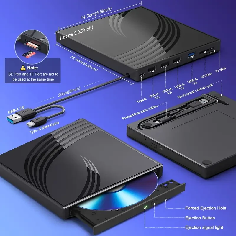 Ultra Slim External CD DVD Drive with USB 3.0 Ports and TF/SD Card Slots