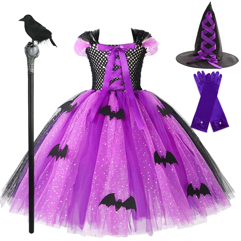 Color: Dark Grey, Kid Size: 11 - Halloween Witch Tutu Dress for Girls Handmade Mesh Bat Wizard Cosplay Costumes with Hat Broom Toddler Evil Party Clothes Set