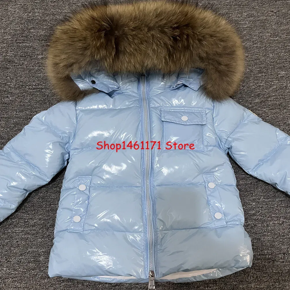 Color: Beige, Kid Size: 6 - Kids Winter Down Jacket Shiny Real Raccoon Fur Collar Toddler Boys Hooded Coat Baby Girls Warm Snowsuit Children's Parkas
