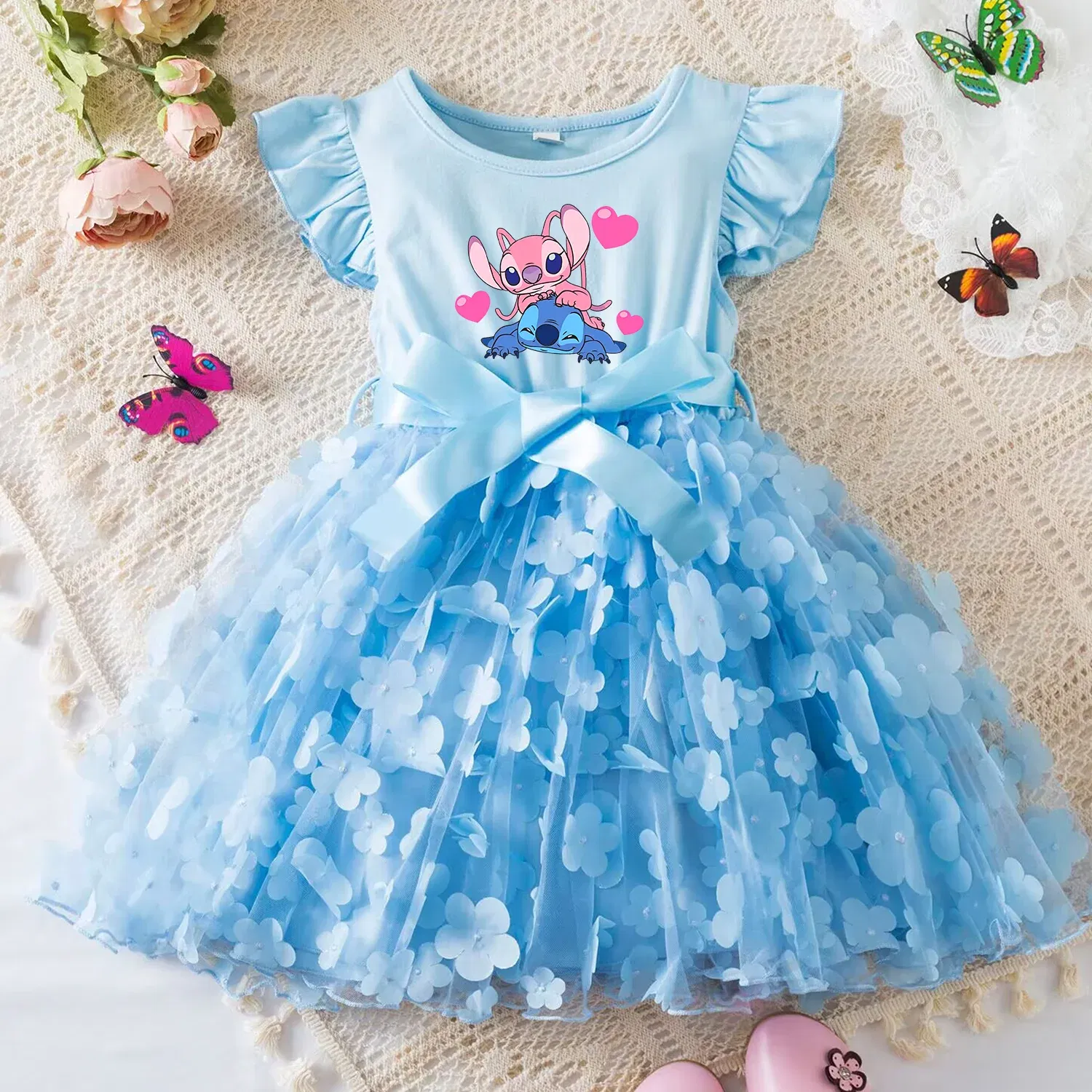 Color: WHITE, Size: M - 3D Butterfly Cute Lilo Stitch Summer Dress for Kid's Casual Clothes Baby Girls Beautiful Princess Dress Party Dresses 2-6 Yrs