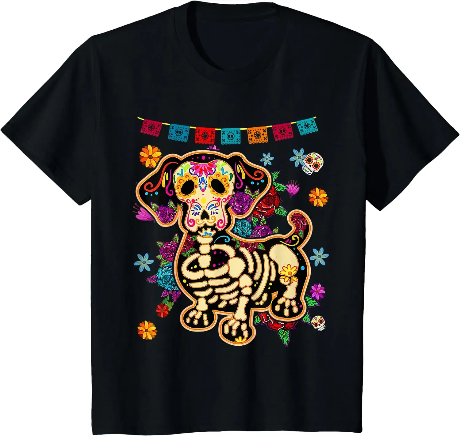 Color: black, Size: XXL - Sugar Skull Mexican Dachshund Bone Halloween Day of Dead T-Shirt Casual Cotton Four Seasons Graphic T Shirts Funny T Shirts