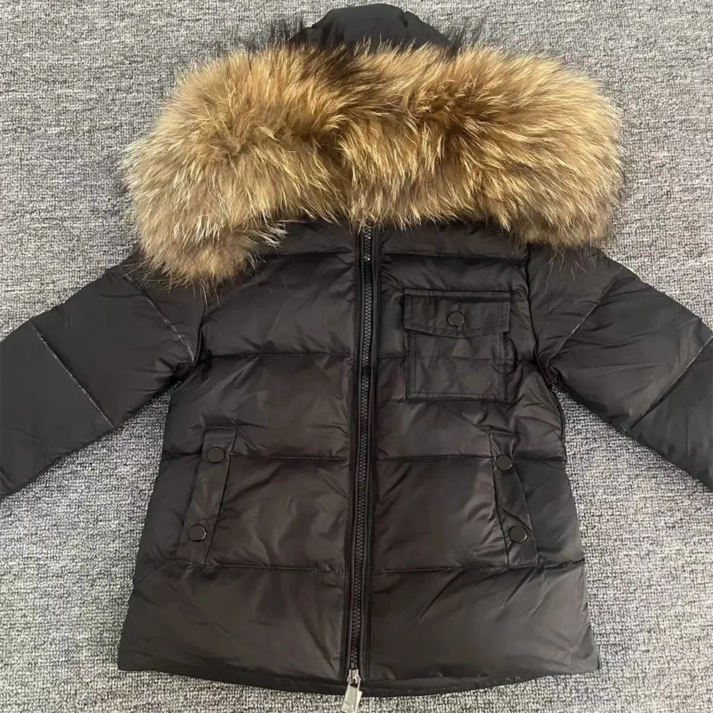 Color: Khaki, Kid Size: 12 - Kids Winter Down Jacket Shiny Real Raccoon Fur Collar Toddler Boys Hooded Coat Baby Girls Warm Snowsuit Children's Parkas