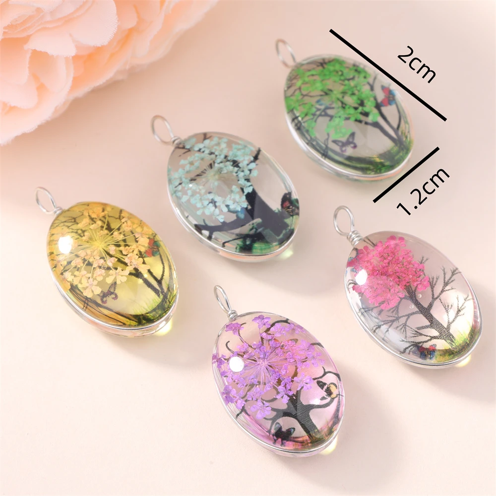 Metal color: PURPLE - 5Pcs Time Gemstone Starry Dried Flower Pendant Round Dried Flower Glass Pendant DIY Necklace Pendant Jewelry Accessories