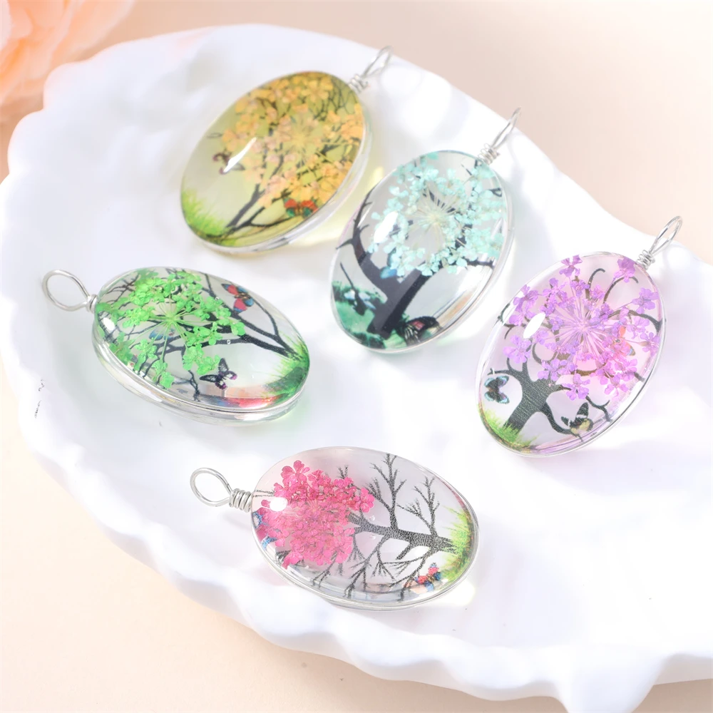 Metal color: PURPLE - 5Pcs Time Gemstone Starry Dried Flower Pendant Round Dried Flower Glass Pendant DIY Necklace Pendant Jewelry Accessories
