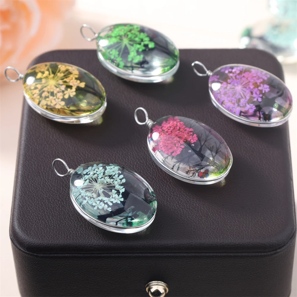 Metal color: PURPLE - 5Pcs Time Gemstone Starry Dried Flower Pendant Round Dried Flower Glass Pendant DIY Necklace Pendant Jewelry Accessories