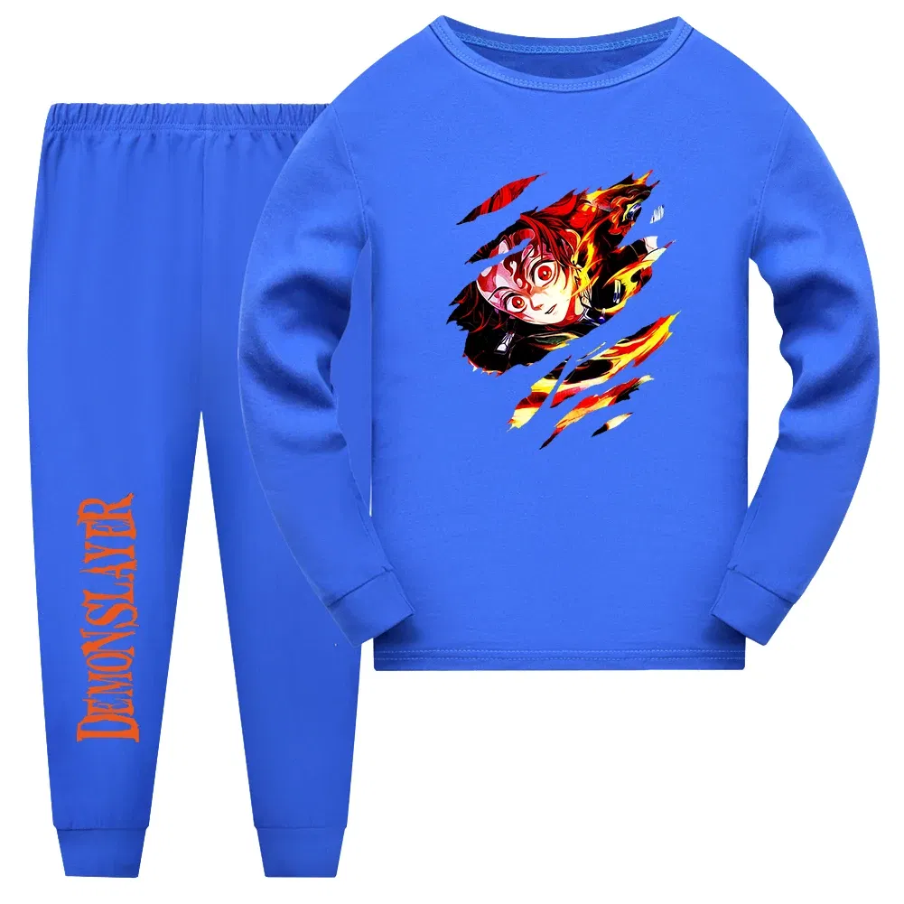 Color: Blue, Kid Size: 11 - Demon Slayer Sleepwear Kamado Tanjirou Kamado Nezuko Agatsuma Zenitsu Children's Homewear Suit Long-sleeve Two-piece Pajamas Set
