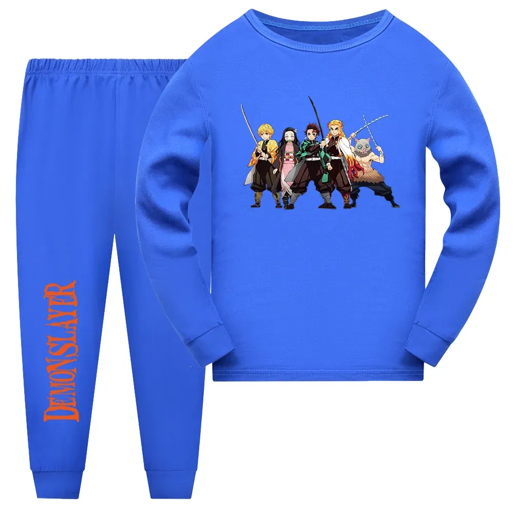Color: Blue, Kid Size: 11 - Demon Slayer Sleepwear Kamado Tanjirou Kamado Nezuko Agatsuma Zenitsu Children's Homewear Suit Long-sleeve Two-piece Pajamas Set