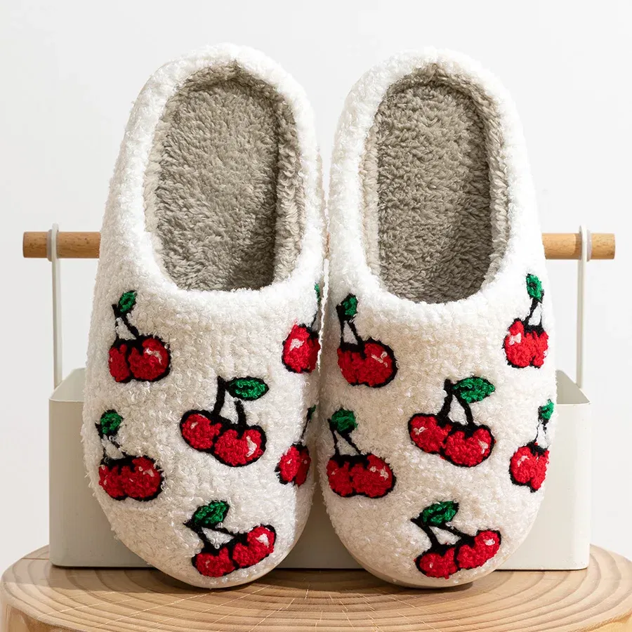 Color: Yellow, Shoe Size: 4 - Cute Little Cherry Slippers Women Fluffy Cherries Fur Plush House Shoes Female Bedroom Comfy Home Flat Slip-on Slides New