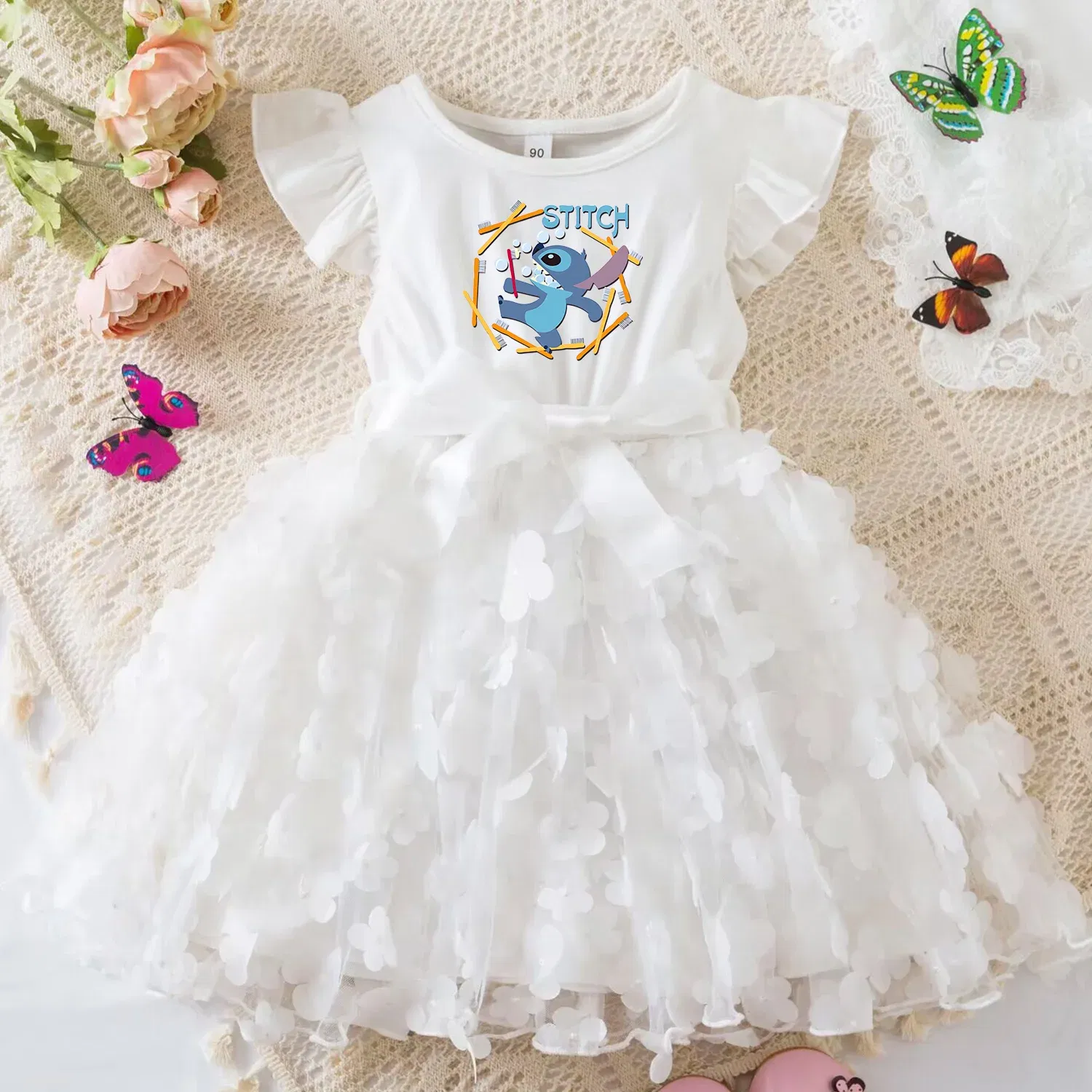 Color: Champagne, Size: S - 3D Butterfly Cute Lilo Stitch Summer Dress for Kid's Casual Clothes Baby Girls Beautiful Princess Dress Party Dresses 2-6 Yrs