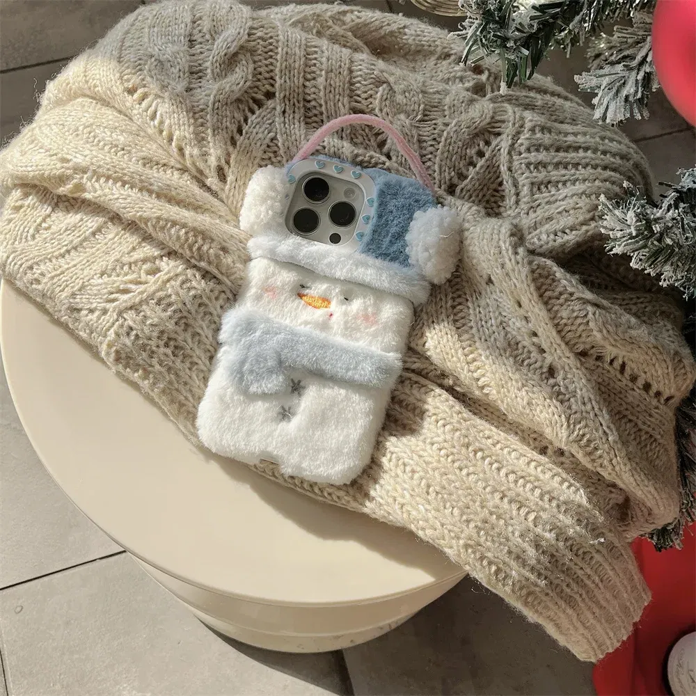 Color: Beige, Material: tpu - Cute Cartoon Furry Snowman Case for iPhone 16 15 14 Pro Max 12 13 11 16Pro Plush Winter Warm Love Heart Soft Shockproof Cover