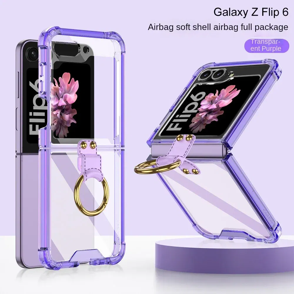 Color: SKY BLUE, Material: aluminum - Electroplated Transparent Airbag Ring Phone Case for Samsung Galaxy Z Flip 6 5 Flip6 Flip5 5G Stand Shockproof Cover