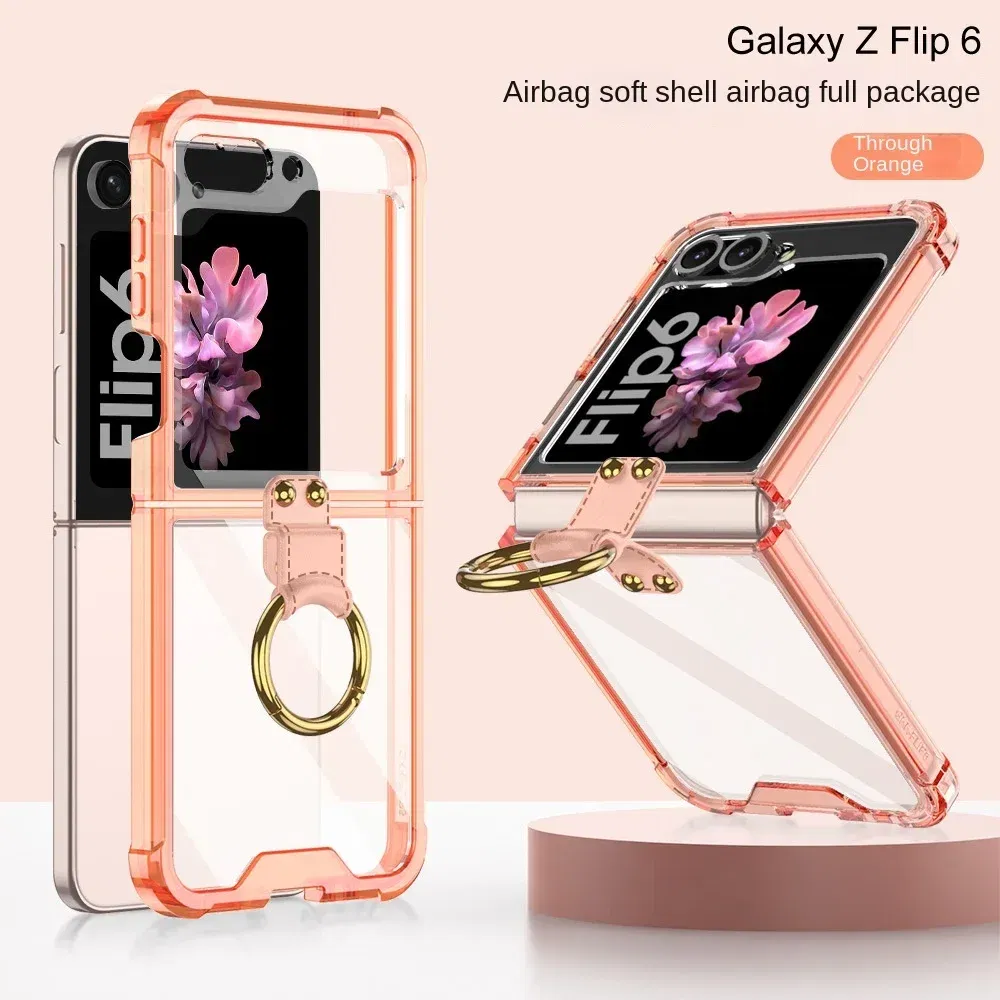 Color: SKY BLUE, Material: aluminum - Electroplated Transparent Airbag Ring Phone Case for Samsung Galaxy Z Flip 6 5 Flip6 Flip5 5G Stand Shockproof Cover