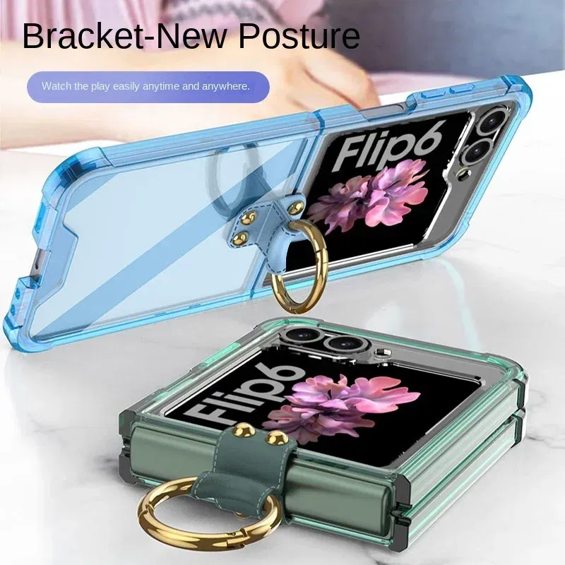 Color: SKY BLUE, Material: aluminum - Electroplated Transparent Airbag Ring Phone Case for Samsung Galaxy Z Flip 6 5 Flip6 Flip5 5G Stand Shockproof Cover