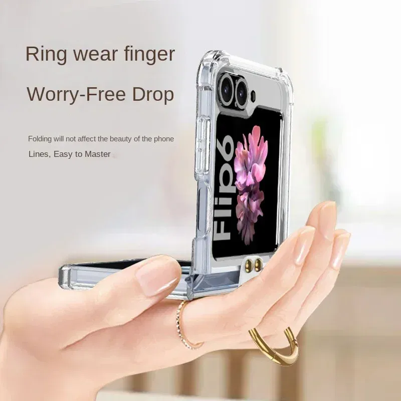 Color: SKY BLUE, Material: aluminum - Electroplated Transparent Airbag Ring Phone Case for Samsung Galaxy Z Flip 6 5 Flip6 Flip5 5G Stand Shockproof Cover