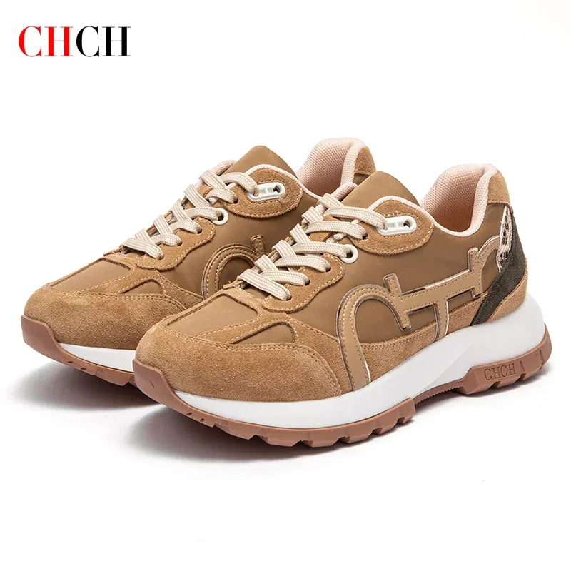 Color: Khaki, Shoe Size: 38 - CHCH Women Tennis Shoes New Leather Splicing Student Sports Shoes