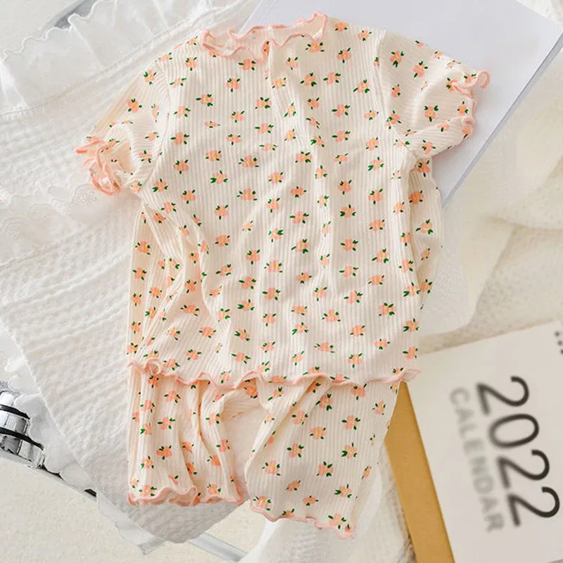 Color: Beige, Kid Size: 14 - Summer Printing Short-Sleeved Loungewear Suit Boys And Girls Pajamas Pants Two-Piece Set 2-6 Years Old Robe