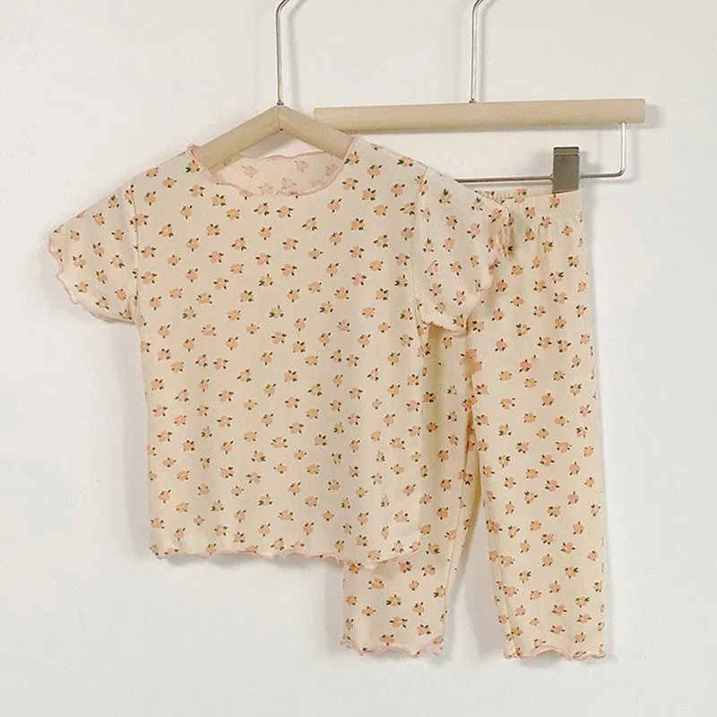 Color: Beige, Kid Size: 14 - Summer Printing Short-Sleeved Loungewear Suit Boys And Girls Pajamas Pants Two-Piece Set 2-6 Years Old Robe