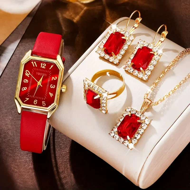 Retro Rectangle Womens Quartz Watch & Jewelry Set