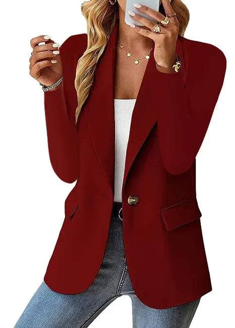 Color: Burgundy, Size: XL - Womens Spring Winter Down Full Long Sleeve Coat Autumn Blazer Button Outwear Suit Cardigan Female