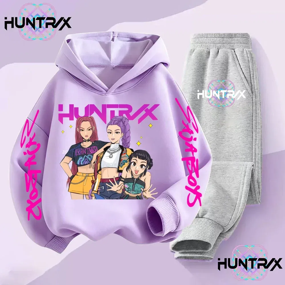 Color: Pink, Kid Size: 3T - 3-14Y Kpop Demon Hunters Hoodie Set Boys Girls Kids Autumn Sportswear Daily Clothes 2025