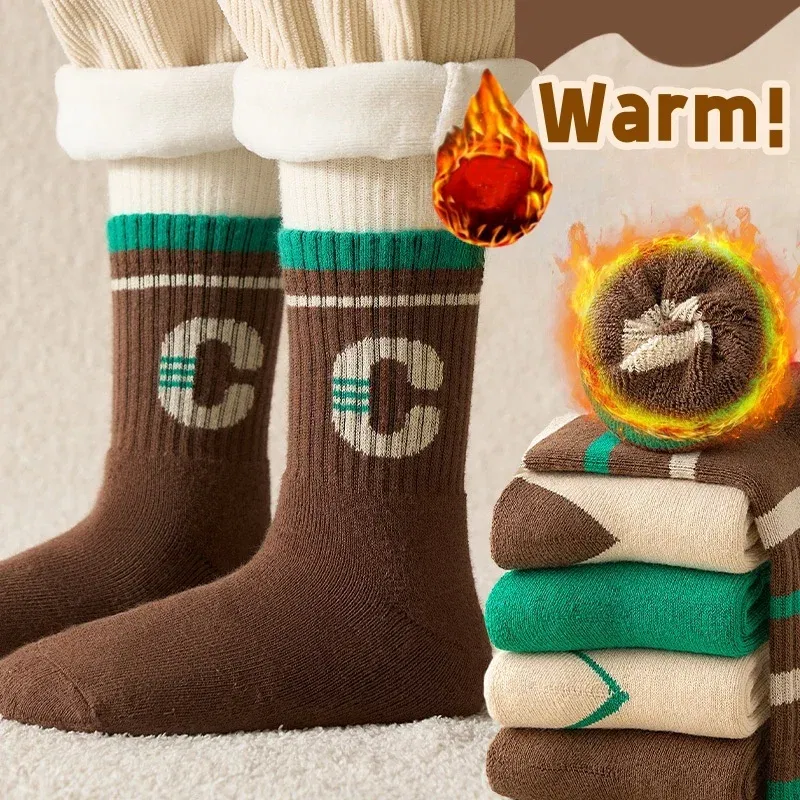 Color: SKY BLUE, Size: 10-12T - 5 Pairs/lot Children's Winter Socks Warm Baby Child Thicken Cotton Socks Boys Terry Socks Letter Pattern Thermal Socks