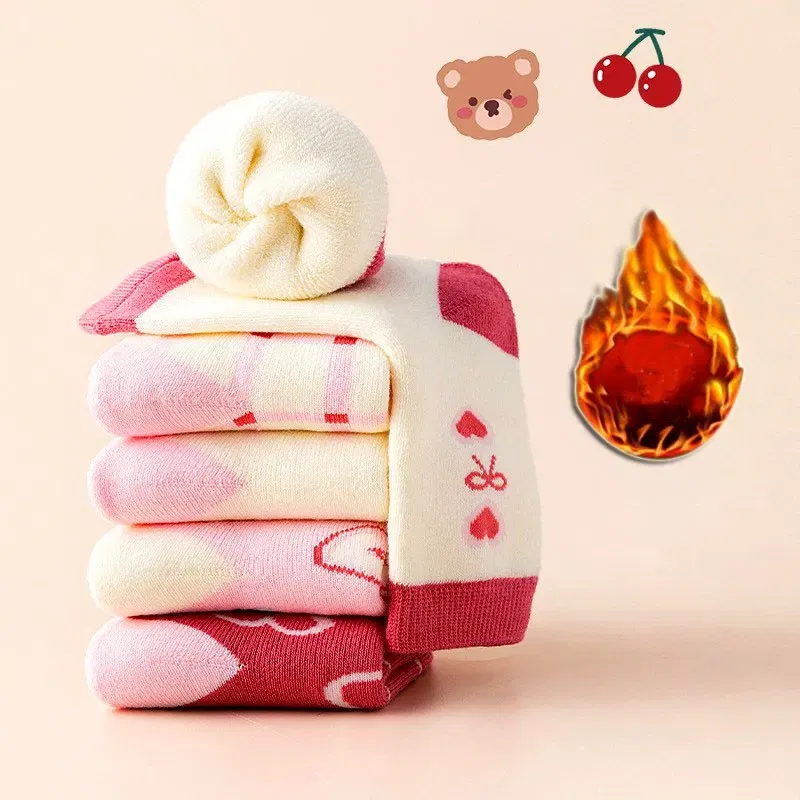 Color: black, Size: 10-12T - Girls Winter Socks 5 Pairs Baby Cute Color Princess Pink Thick Cotton Socks Children Warm Winter Socks