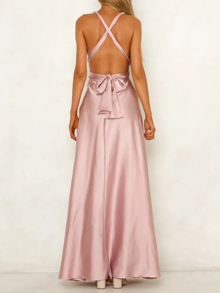 Color: Pink, Size: L - Summer New Women's Long Dress Fashion Temperament Solid Color Bandage V-neck Sexy Women's Backless High-waisted Swing Dress