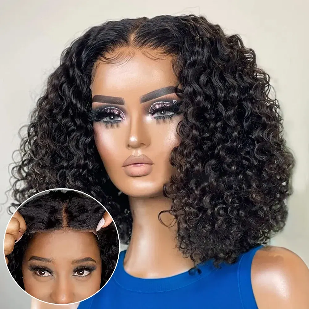 Hair Color: #1, Ships From: United States, Stretched Length: 12INCHES, Density: 180% - Water Wave Bob Wig Glueless Preplucked Human Wigs Ready To Go 13x4 Frontal Brazilian Wigs HD Transparent Lace Wig Deep Curls
