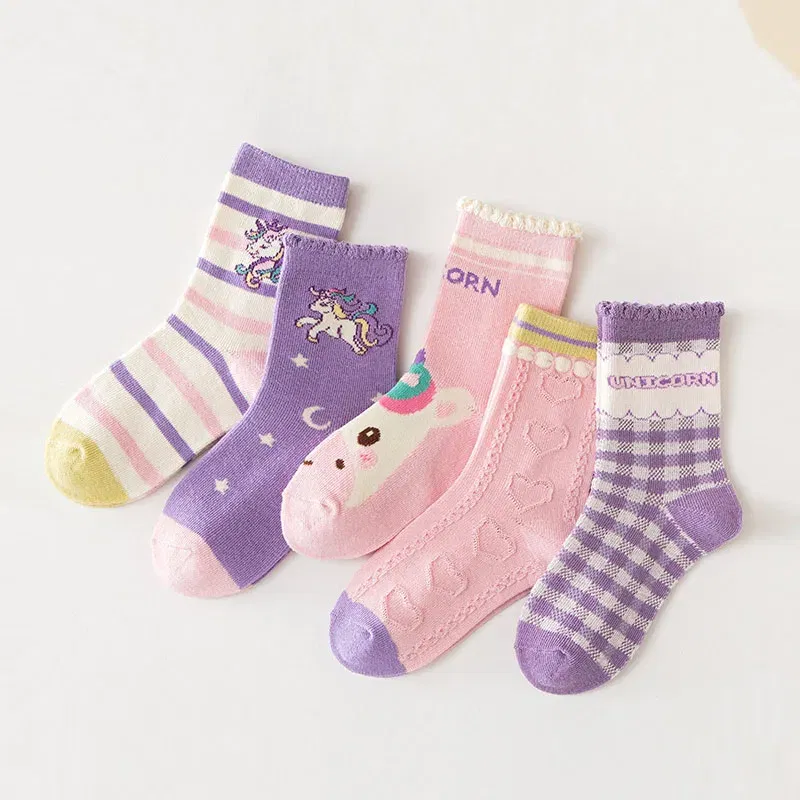 Color: Blue, Size: 4-6T - 5 pairs/lot Children's Socks Autumn Socks Girls Sweet Purple Floral Pattern Mid Calf Socks Baby Infant Cotton Socks