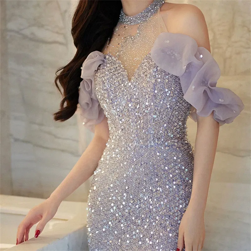 Color: Beige, Size: M - High-End Neck Evening Dress New Entry Luxury Niche Banquet Elegant Usually Wearing Sequin Fishtail Dress Princess Sleeve Women's